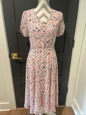 Talbots Pink Floral V Neck Cottagecore Midi Dress Size 2P